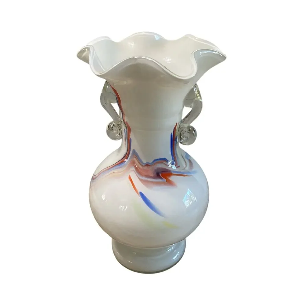 Vintage Dalian Art Glass White Cased Vase Ruffled Edge Double Handle 9.75